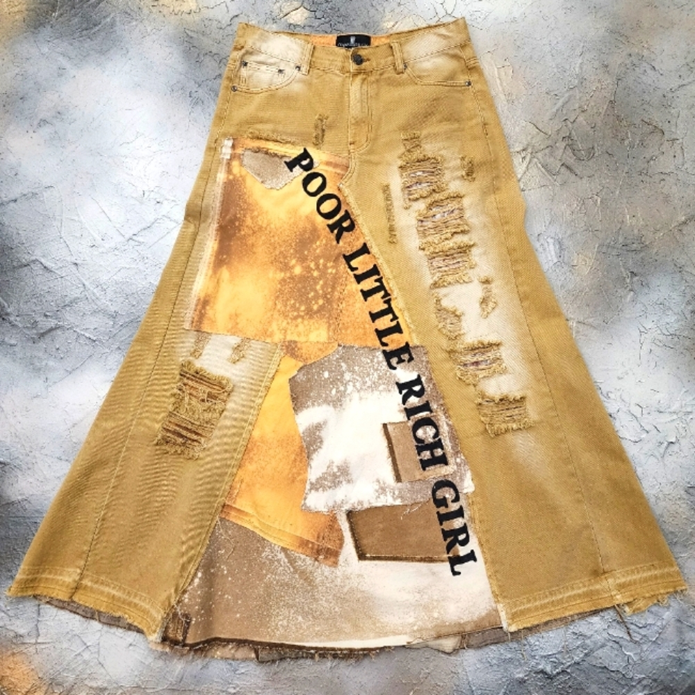 Upcycled Couture concept Designer Maxi Skirt Mustard Denim ShabbyChic
